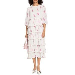 GANNI White Pink Floral Tiered Georgette Midi Dress Pleated Ruffle. Sz XS